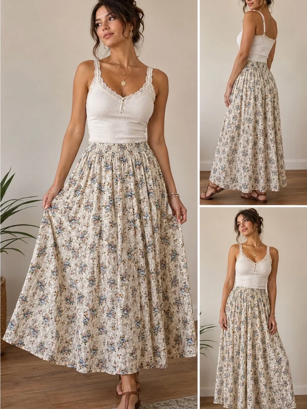 Vintage 1990 Cream Floral Maxi Skirt for Women - Boho Gathered Waist